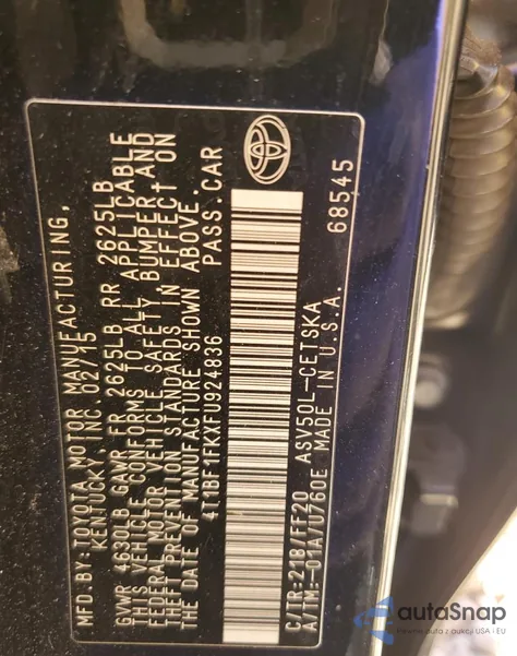 2015 Toyota Camry Le from USA, damaged, VIN 4T1BF1FKXFU924836